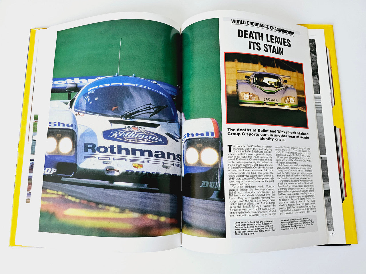 Open motoring magazine spread with close-up race car image and article headline