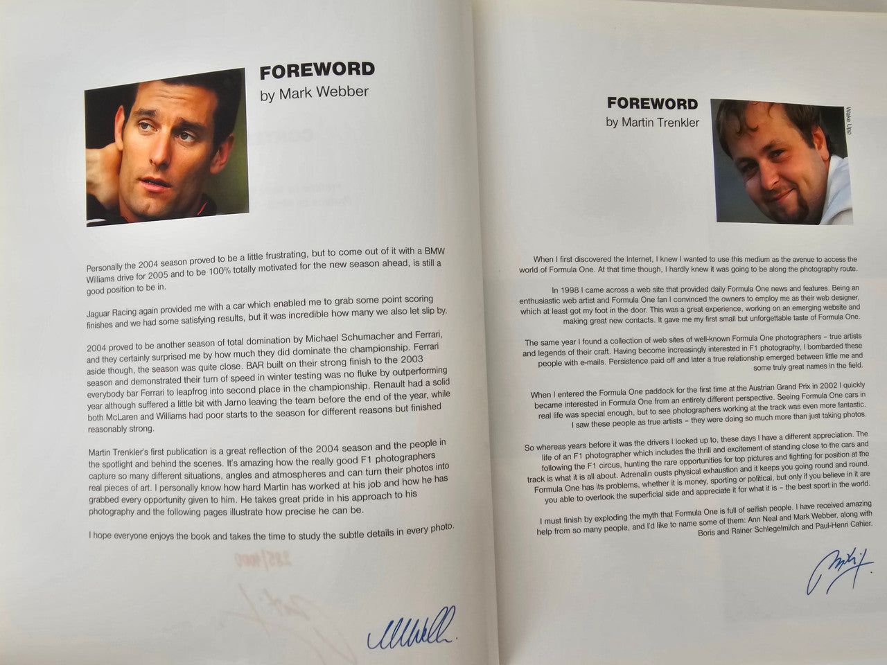 Photo book open spread with FOREWORD headings and two pages of text