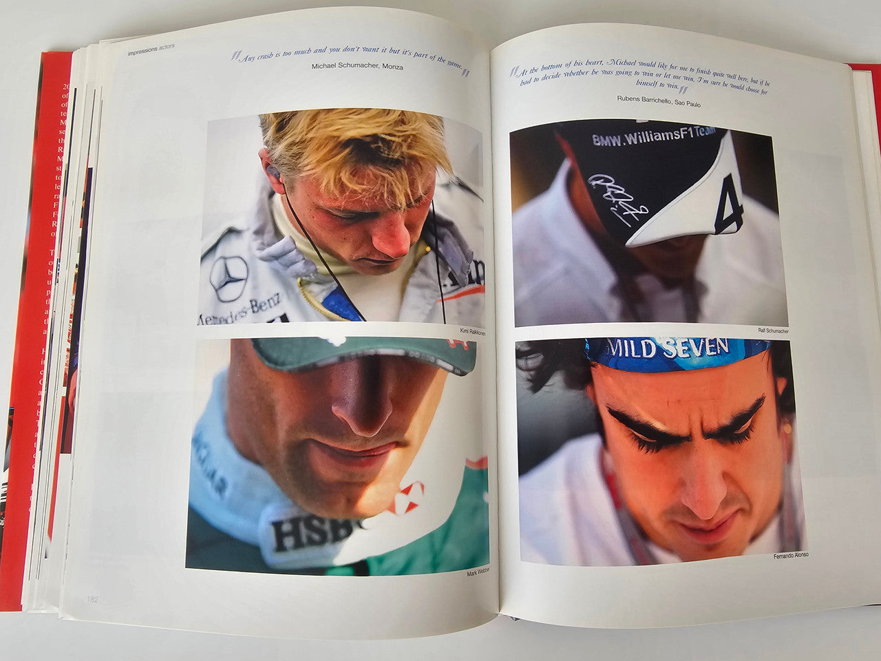Photo book open spread with four racer headshots and close-up portrait photos