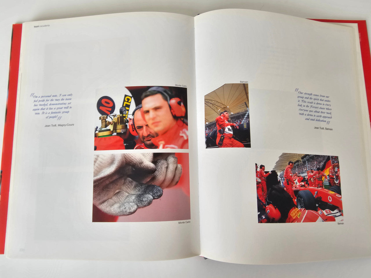 Photo book open spread with race action photos and a close-up of hands