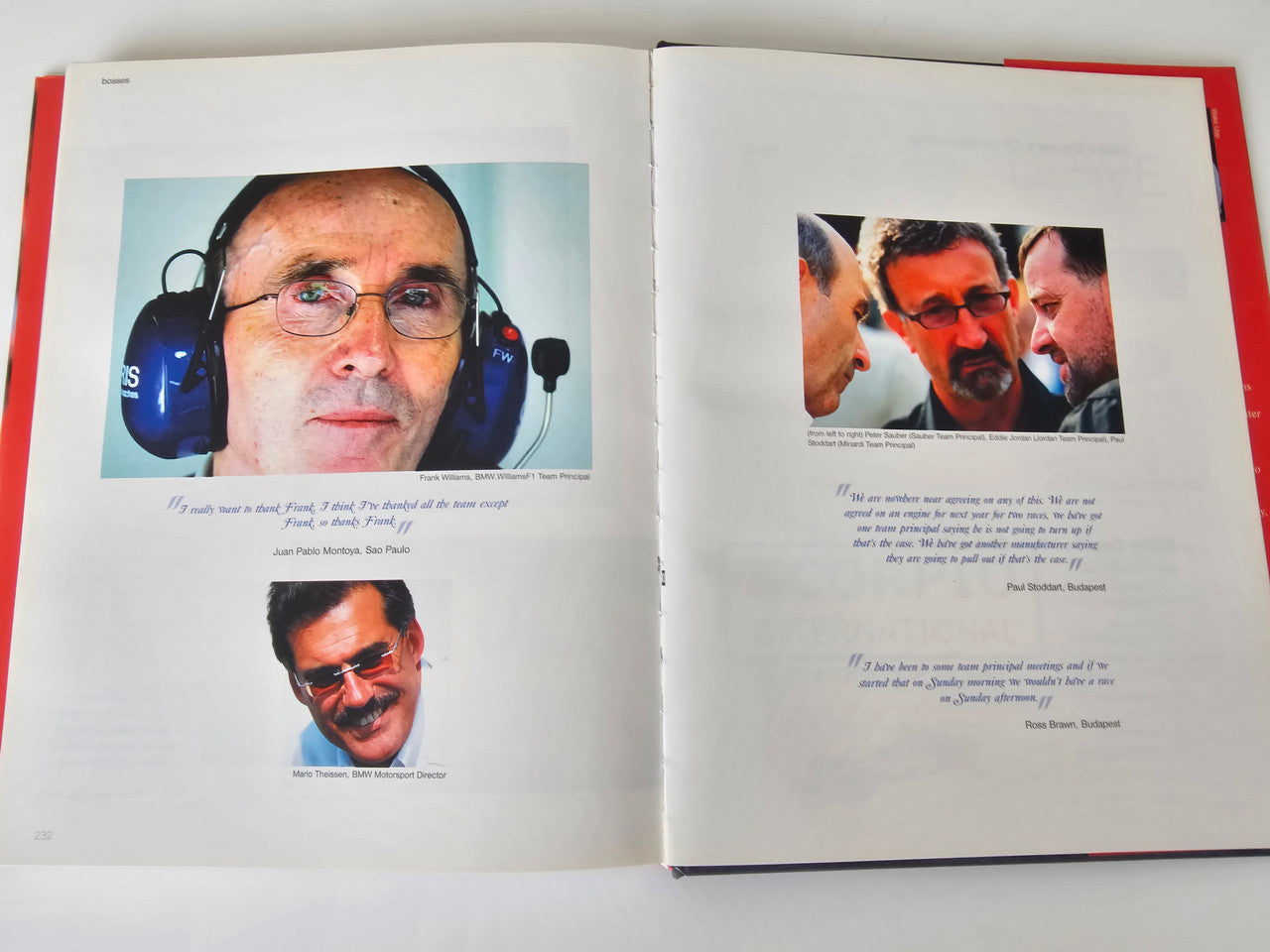 Photo book open spread with helmeted driver headshot and smaller portrait photos
