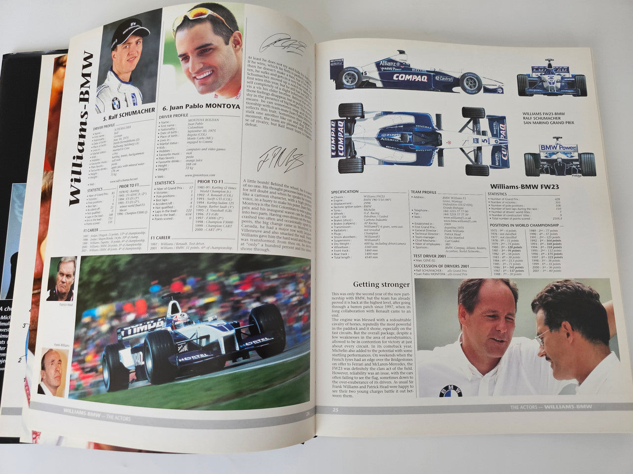 Racing yearbook open spread with driver portraits and car information tables