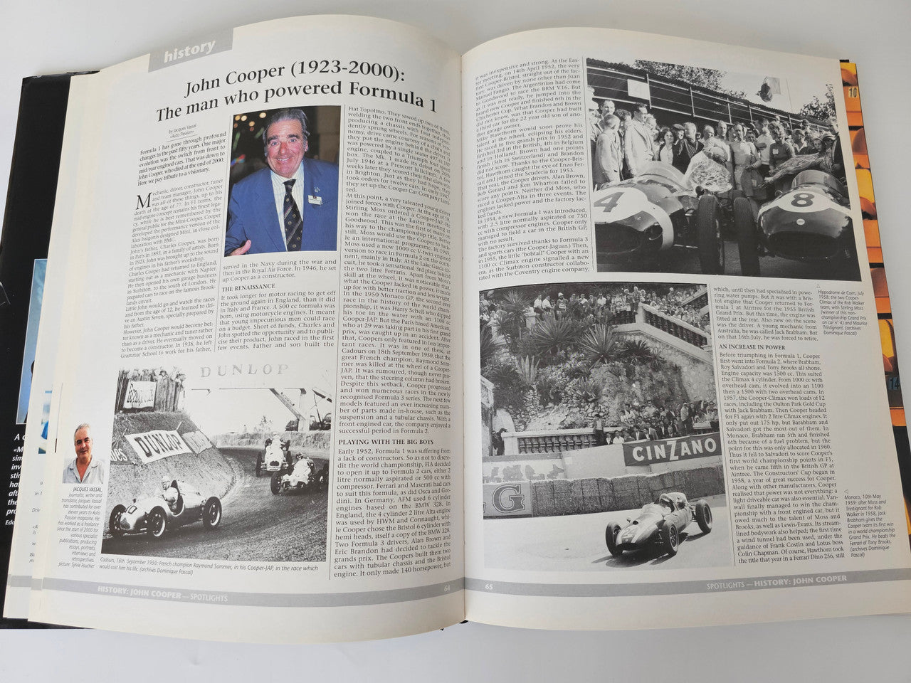 Racing yearbook open spread with biography sections and black-and-white race photos
