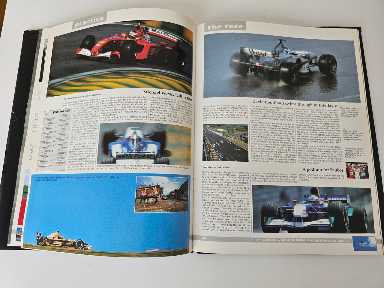 Open motorsport yearbook with feature articles and race photos