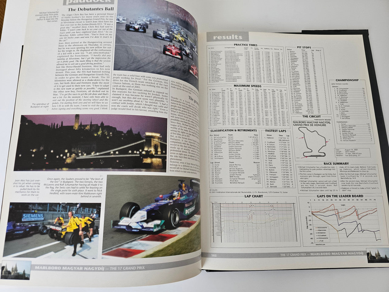 Open motorsport yearbook with night race photo and results tables