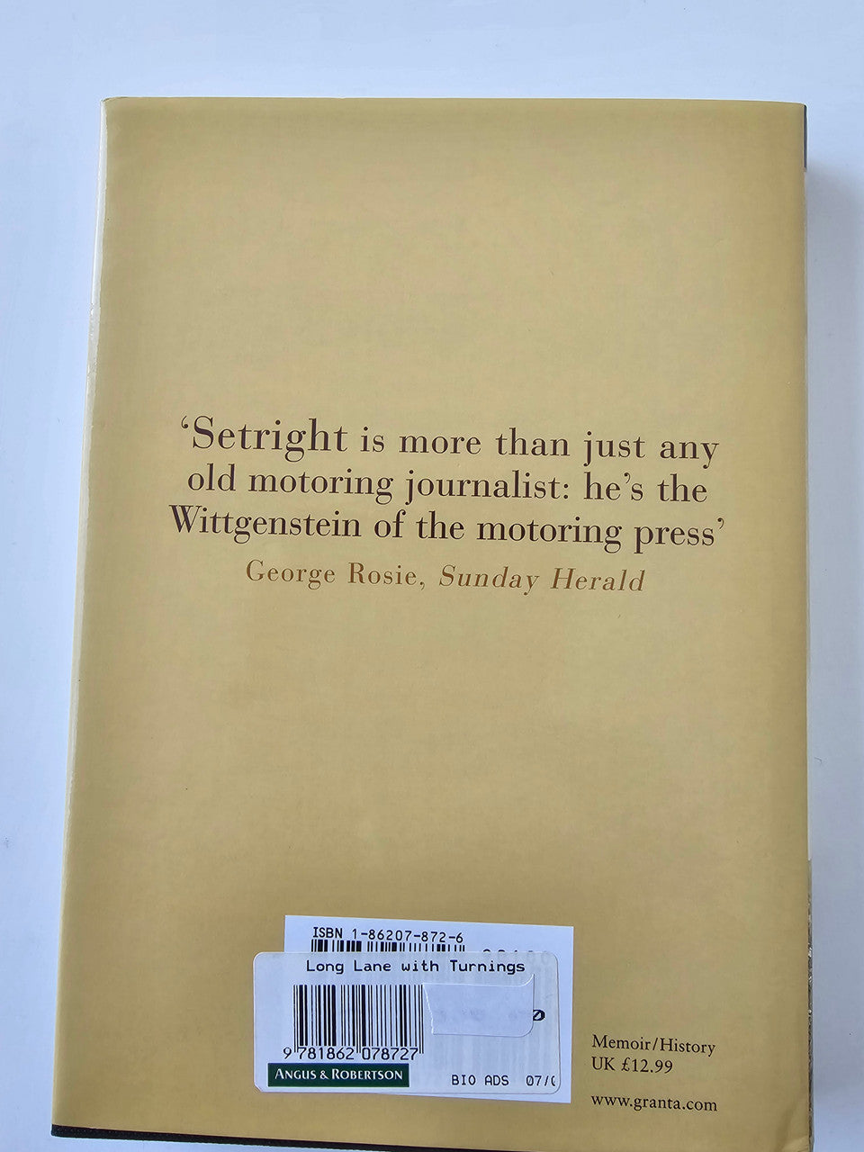 Book back cover with quotes and ISBN/price label for Long Lane with Turnings