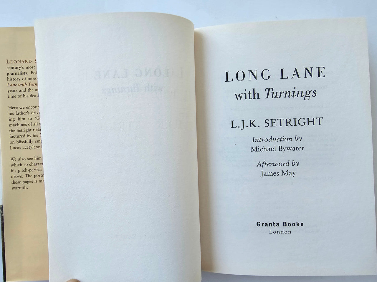 Open book showing title page, Long Lane with Turnings, author and publisher credits