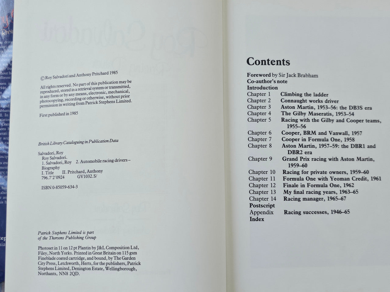 Open racing driver book page showing “Contents” and a list of chapter titles.