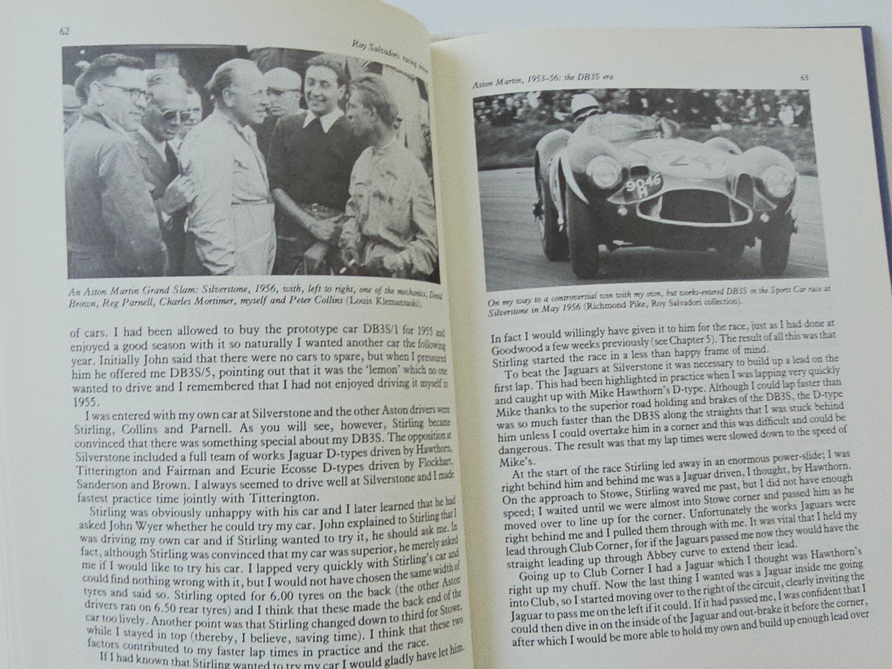 Open vintage racing driver book page with black-and-white race photos and text.