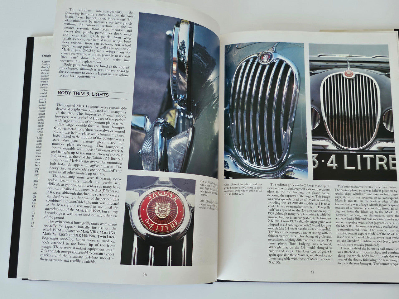 Interior pages of Jaguar MkI/MkII restorer’s guide with grille and badge photos