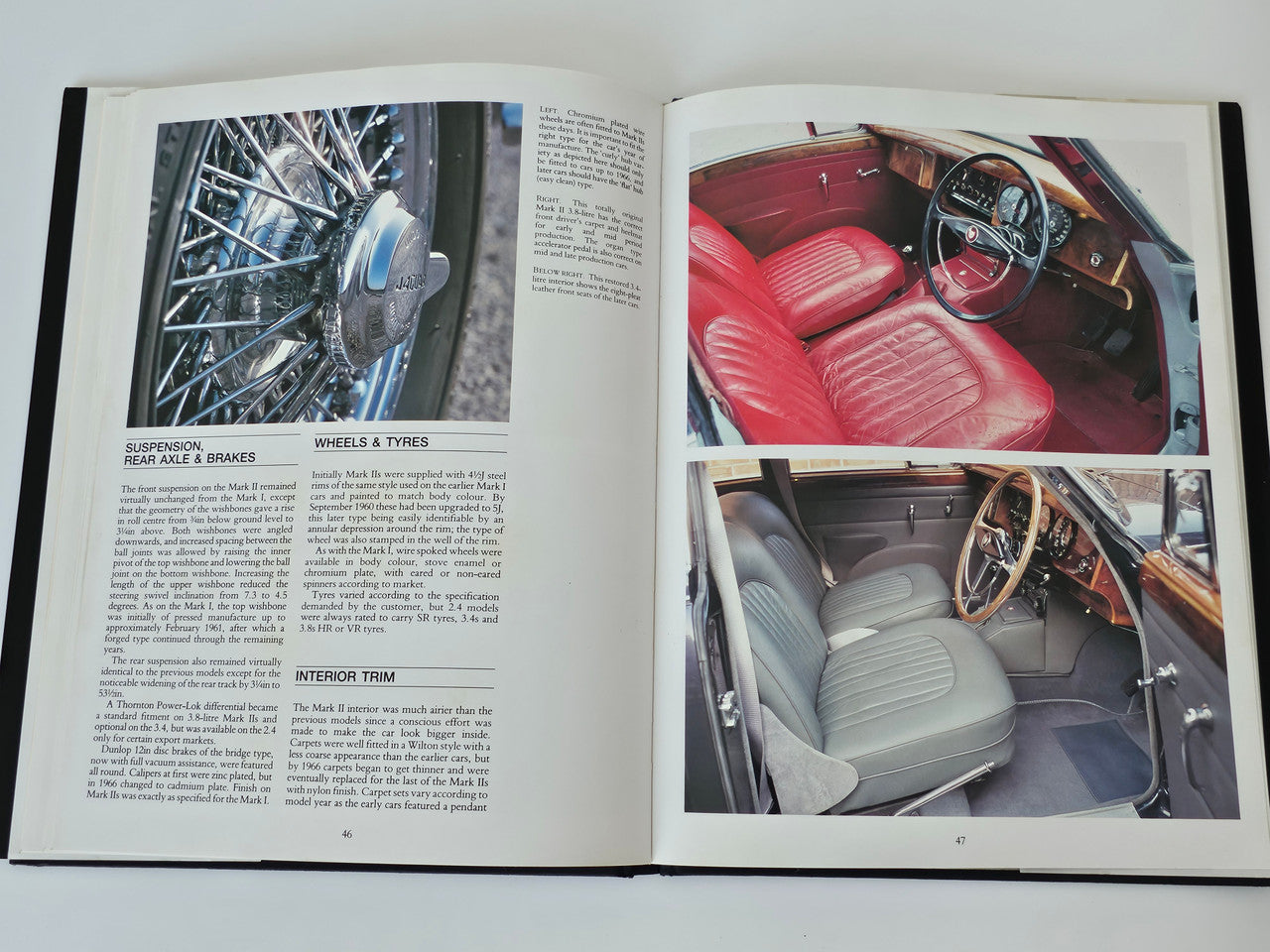 Interior spread of Jaguar MkI/MkII restorer’s guide with engine and dashboard photos
