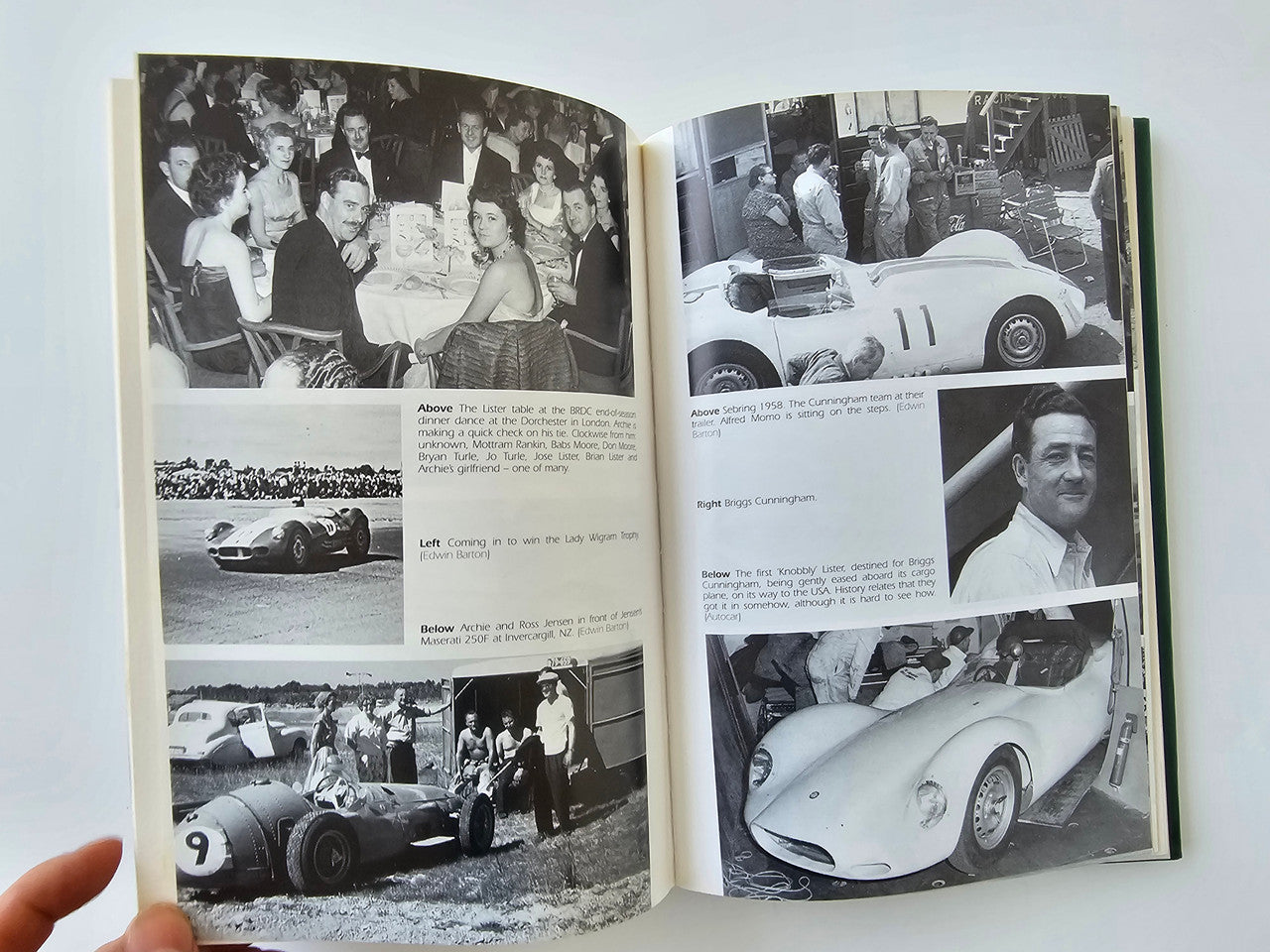 Open book spread with multiple black-and-white racing photos and captions