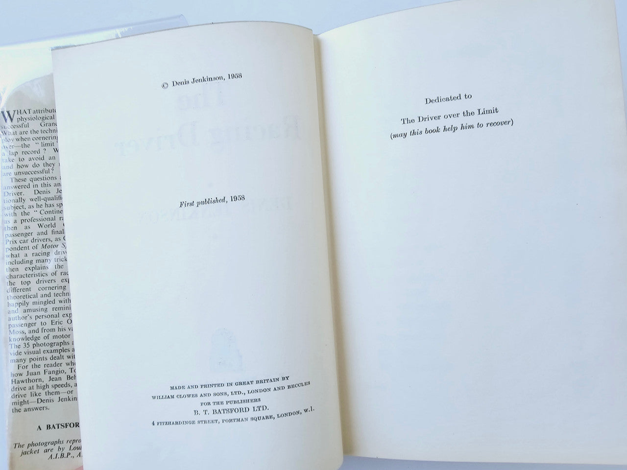 Racing Driver book open to title pages with dedication and publication details