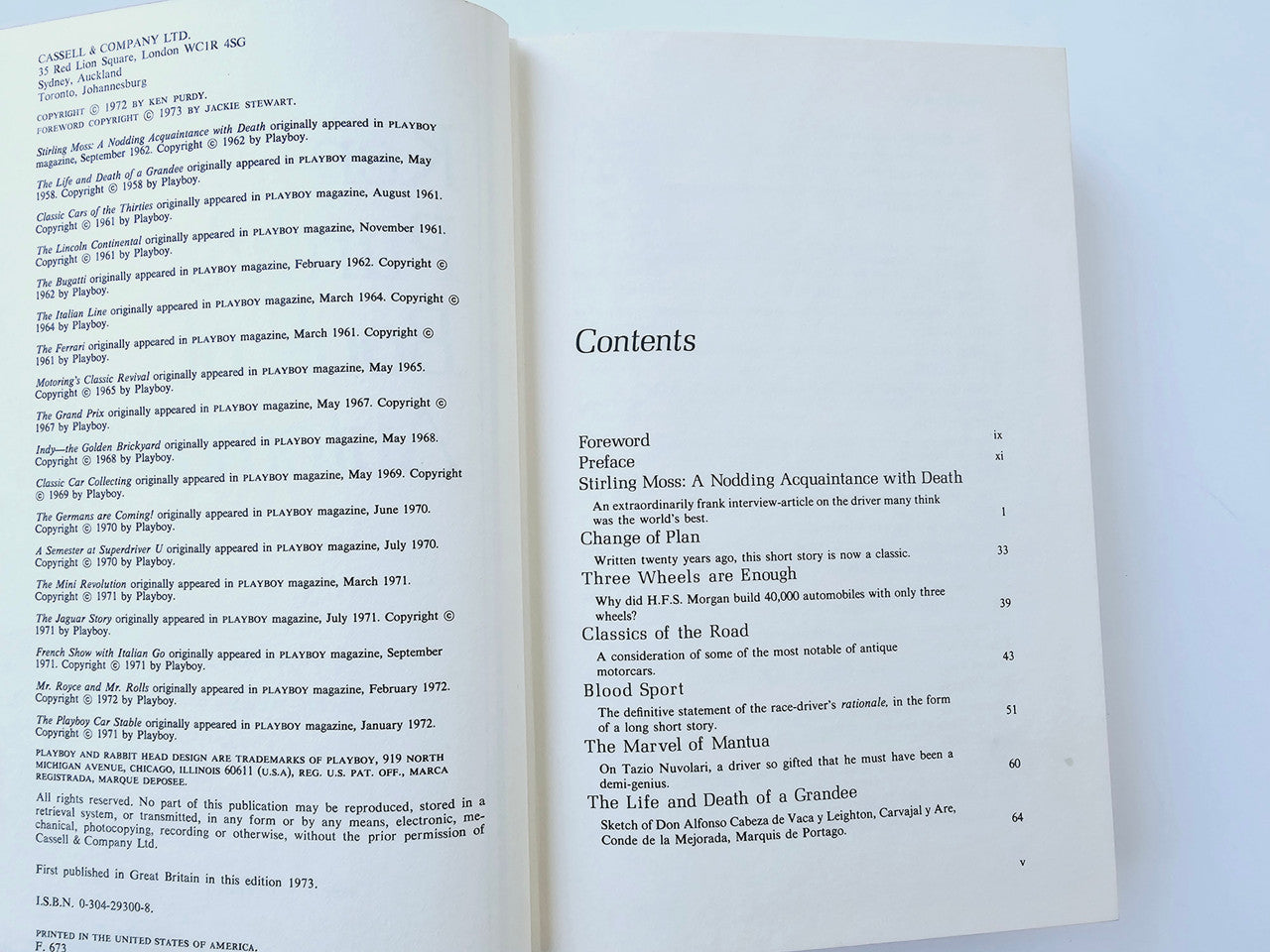 Automobile book spread showing Contents page with section headings and body text