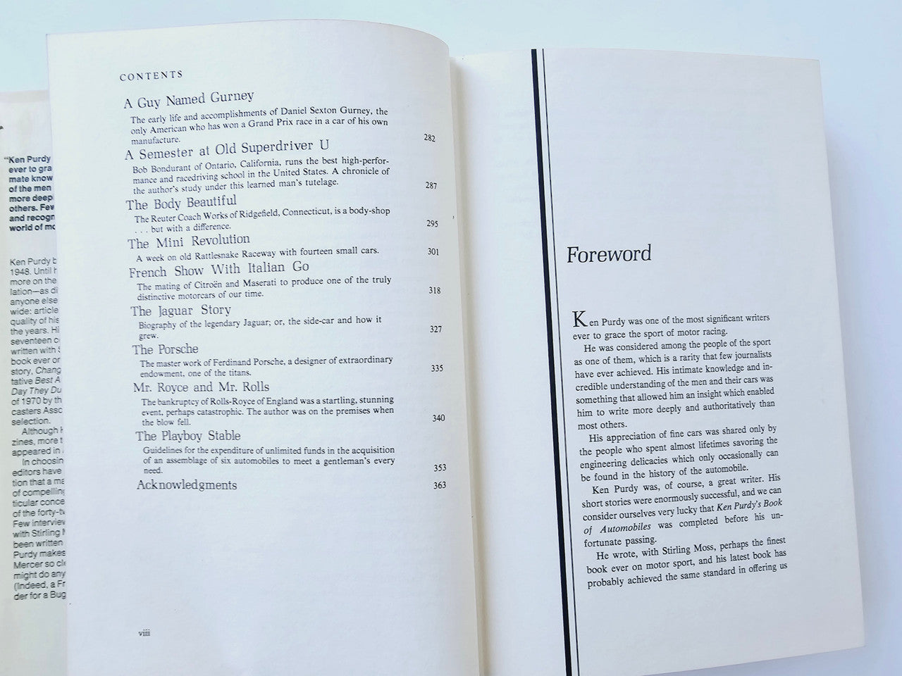 Automobile book open to Contents left page and Foreword right page