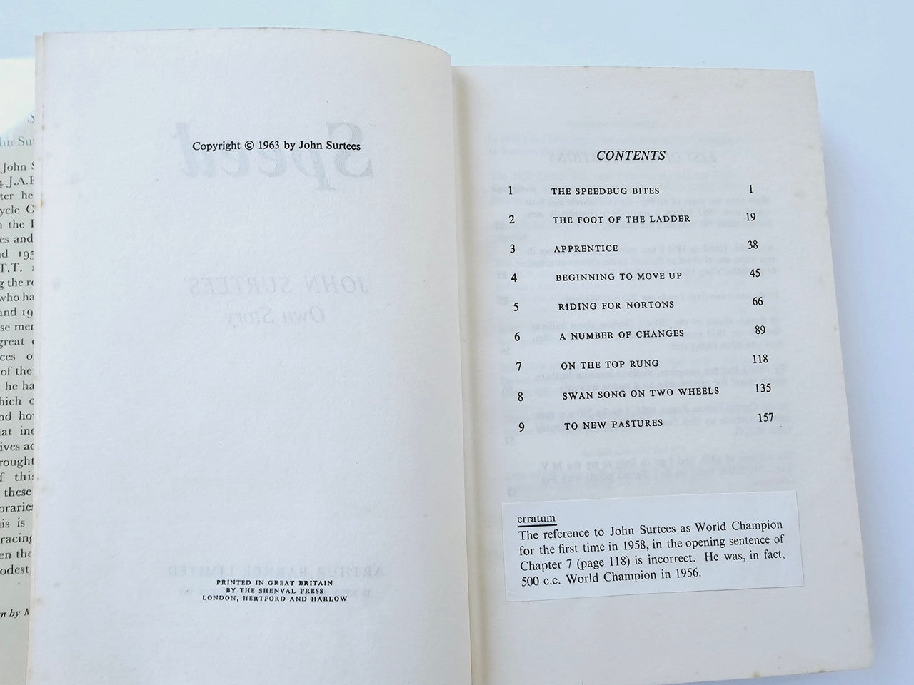 Motorsport memoir book open to contents page with chapter list on two sheets