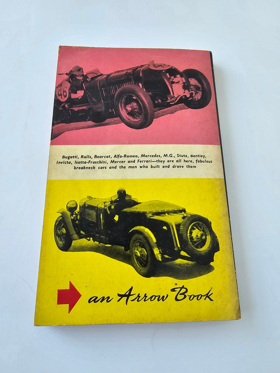 Vintage book cover with yellow and black vintage car and red title text