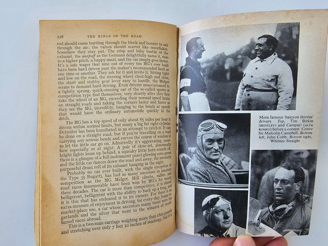 Vintage book spread with “THE MG AND HOW IT GREW” heading and black-and-white photos