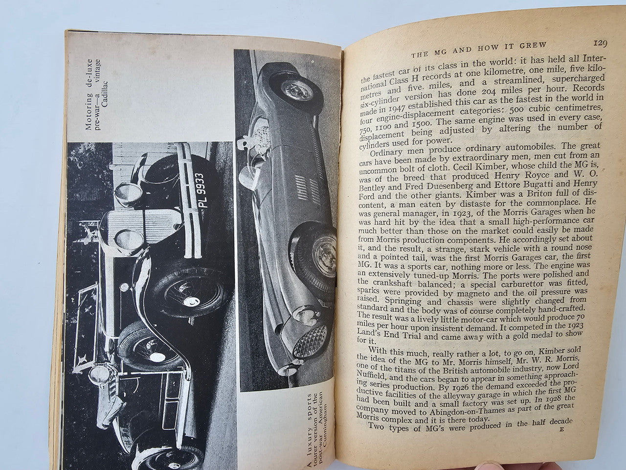 Vintage book spread showing black-and-white car engine images with captions