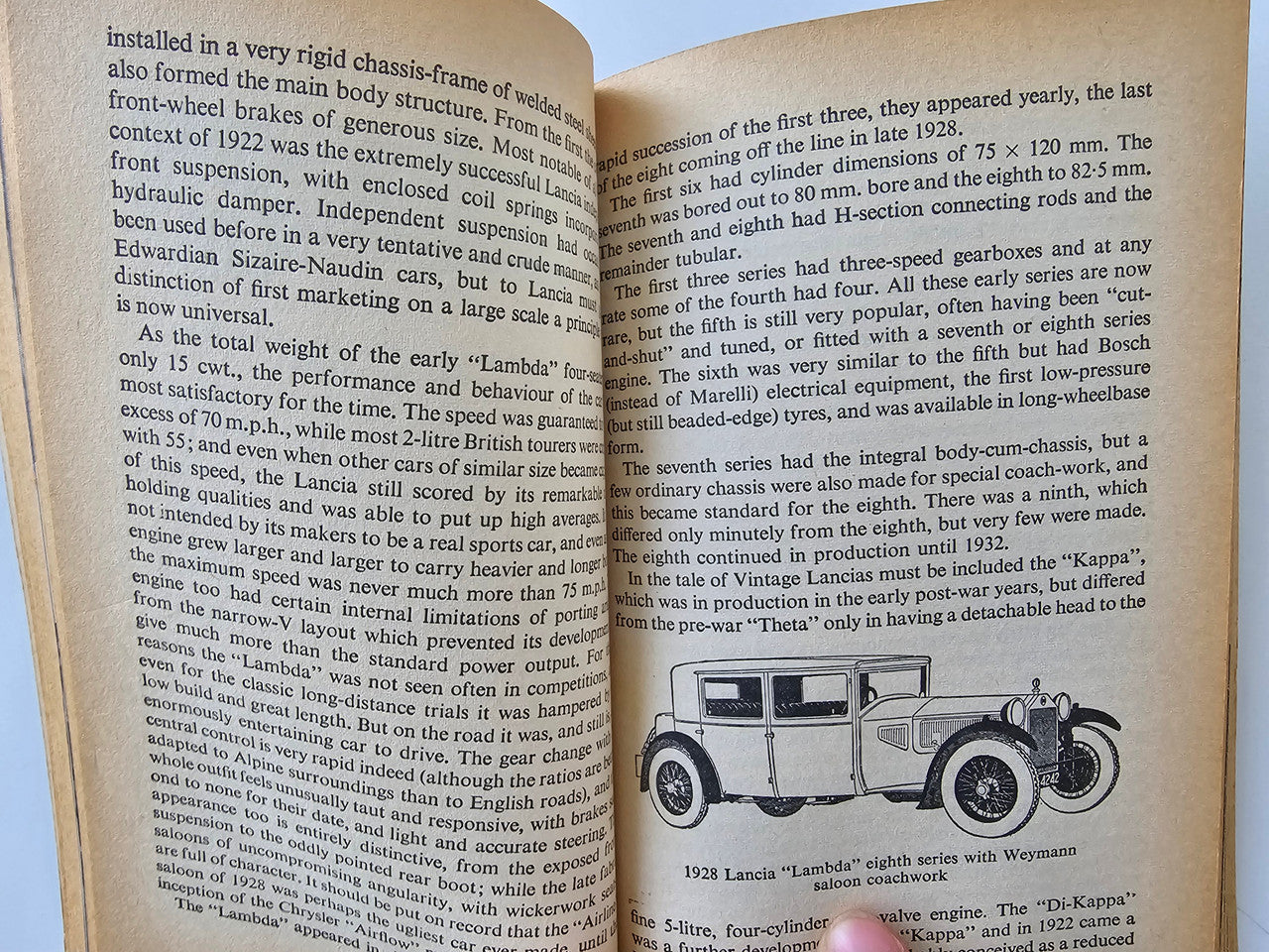 Vintage Motor Car book, open page with technical text and small car diagram
