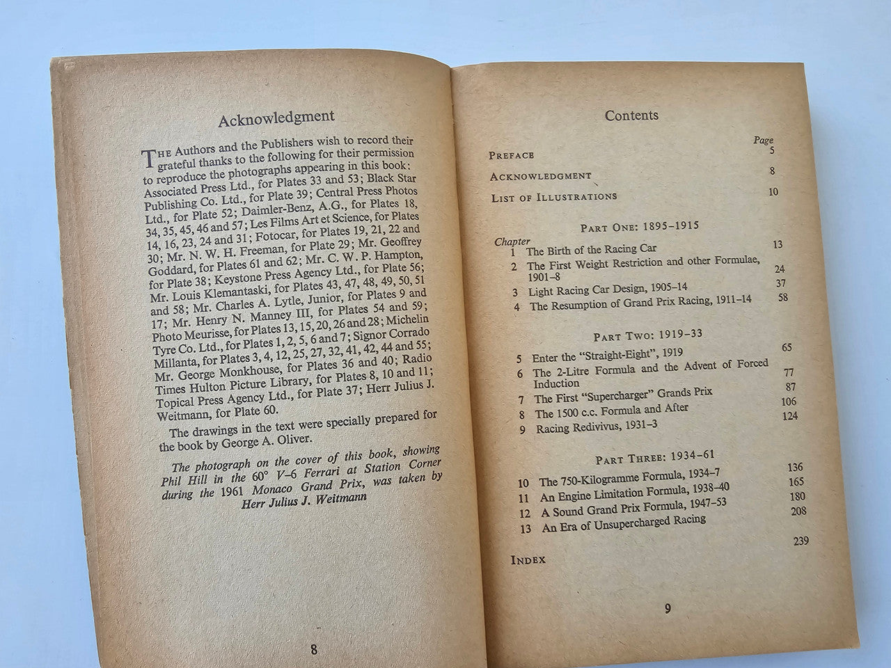 Open book spread with acknowledgments and contents lists on beige pages