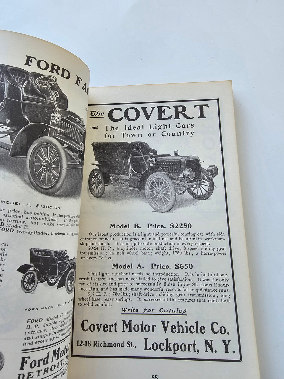 Vintage motor scrapbook pages with classic car artwork and model pricing text.