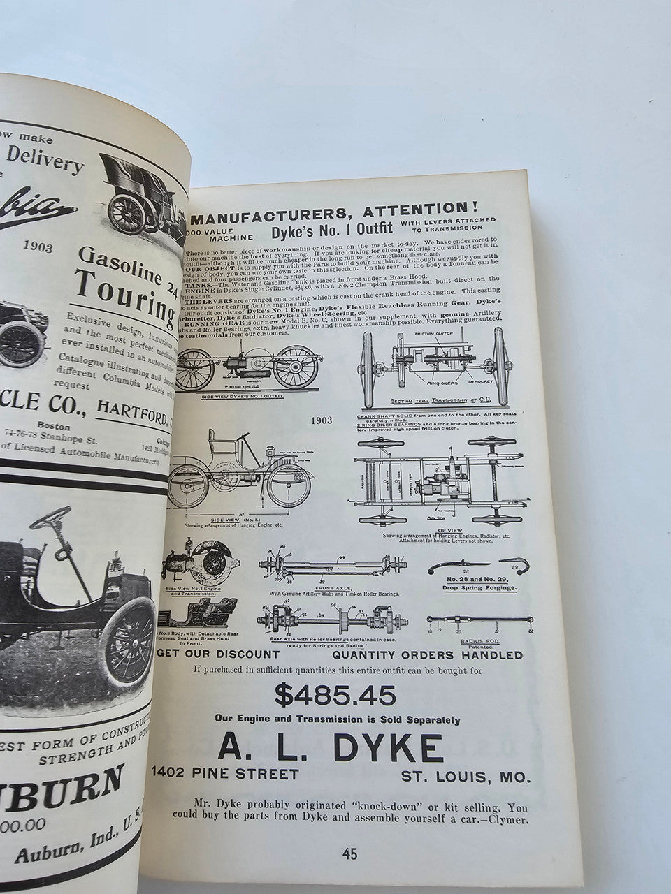 Vintage motor scrapbook page with black-and-white engine diagrams and pricing ad.