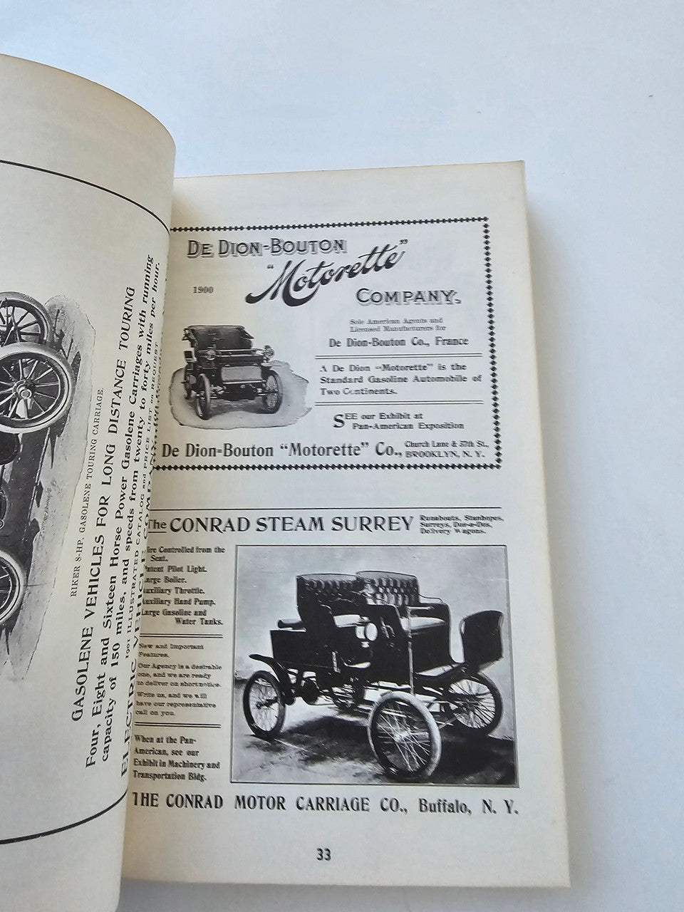 Vintage motor scrapbook page with De Dion-Bouton and Conrad steam carriage advertisement.