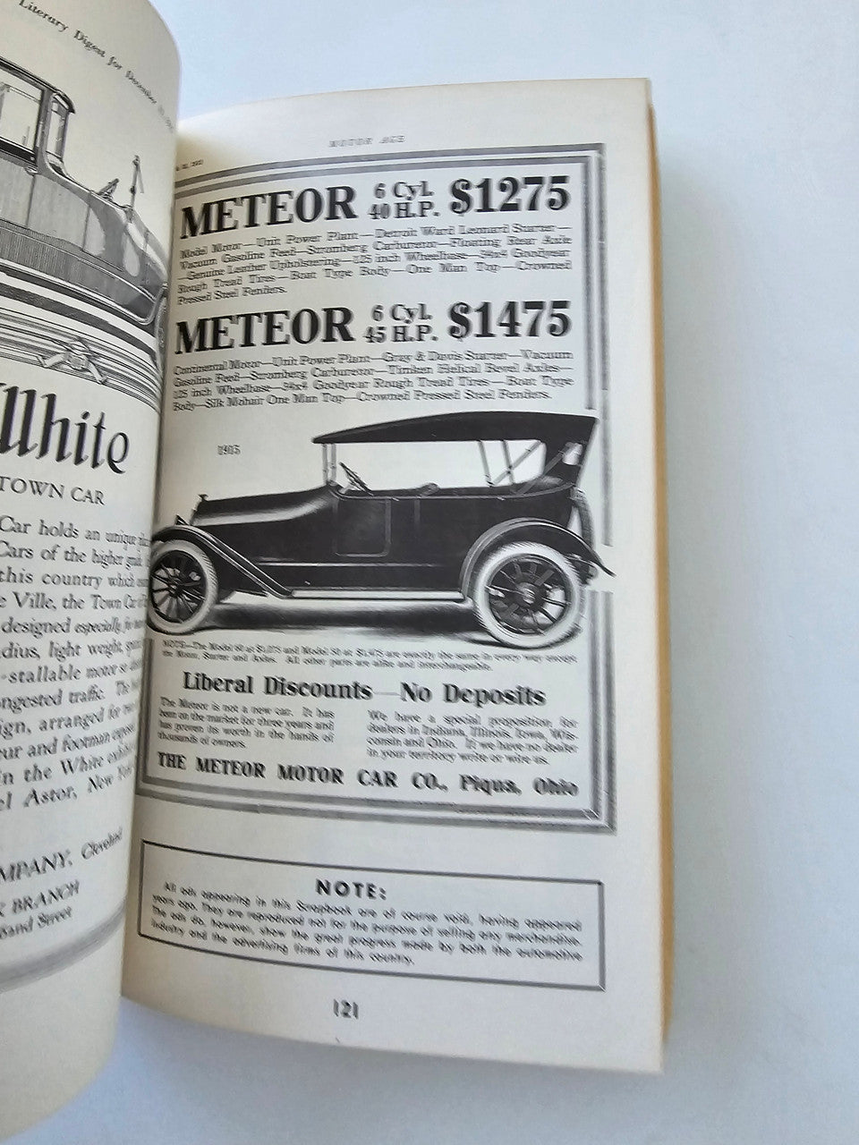 Vintage motor scrapbook page with black-and-white car photo and sales pricing list.