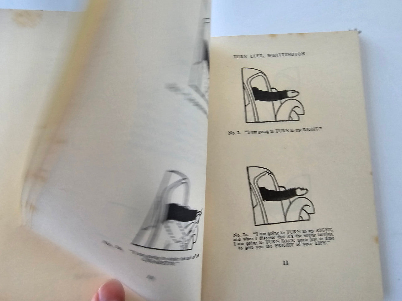 Vintage book open to illustration page with line drawings and captions