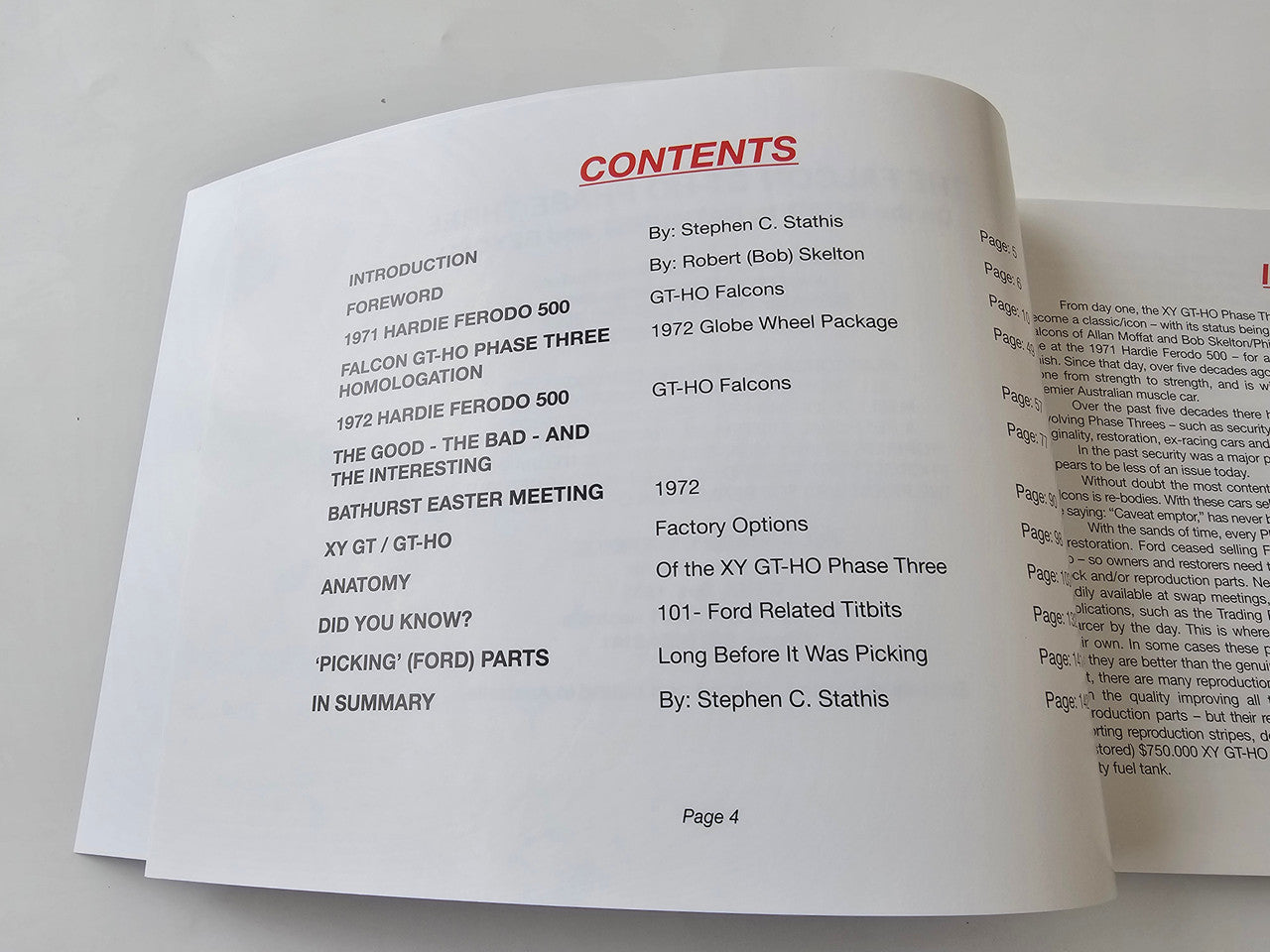 Limited edition automotive book open to contents page listing sections and page numbers