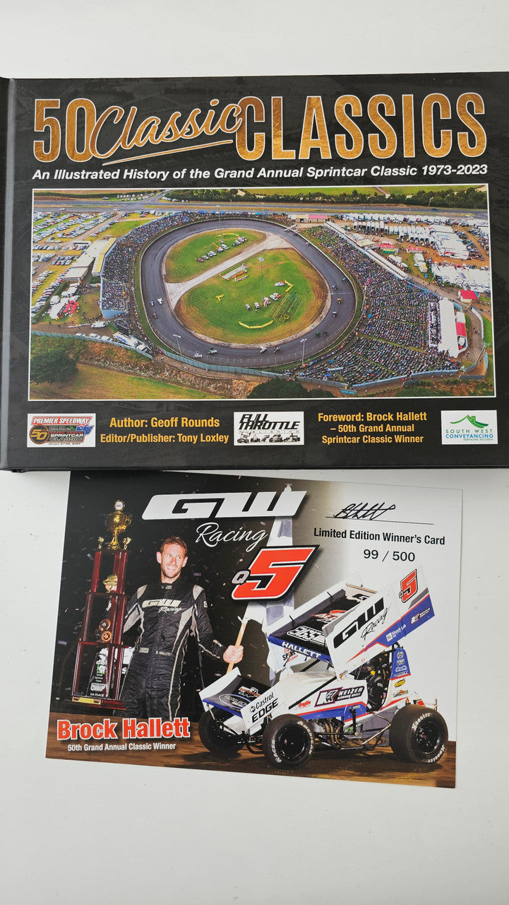 Illustrated history book cover and included card featuring a sprintcar racer portrait