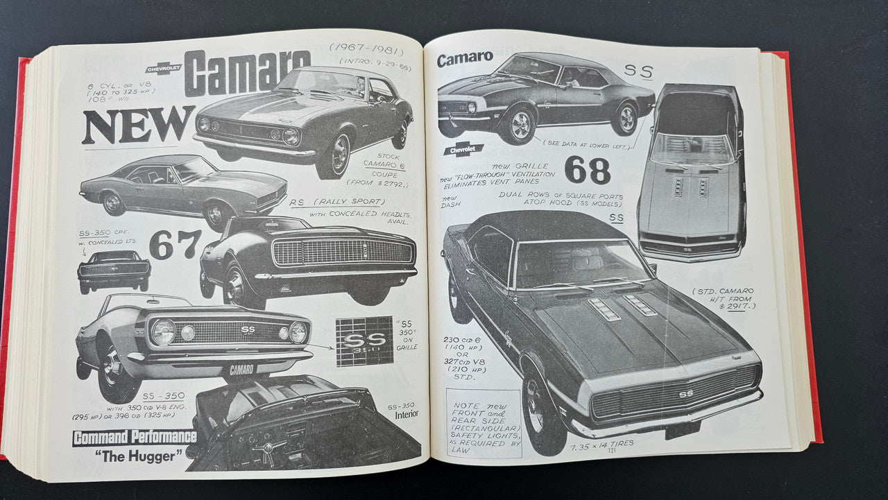 Open car guidebook spread with black-and-white Camaro diagrams and page numbers 67 and 68.