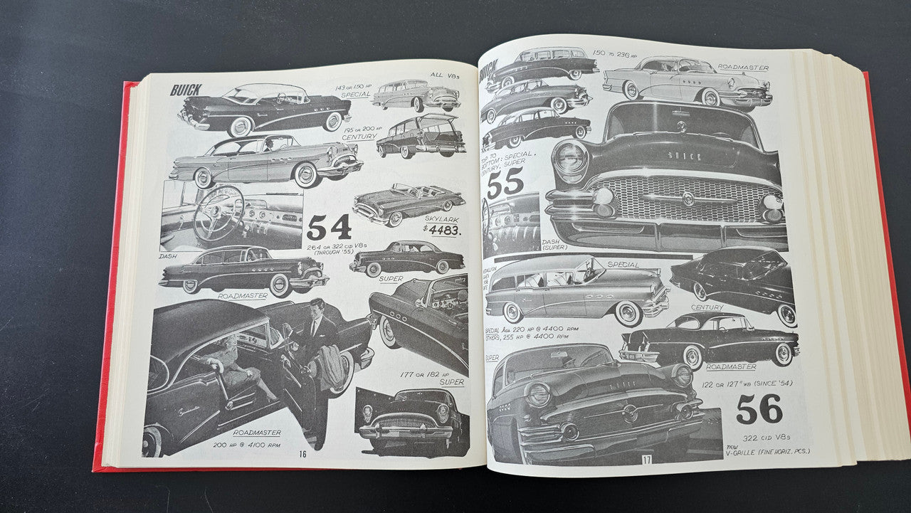 Open car guidebook spread with black-and-white car images and page numbers 54, 55, 56.