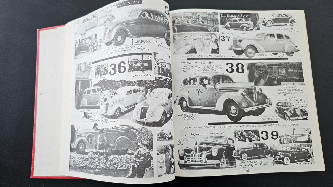 Open car guidebook spread with black-and-white car photos and page numbers 36, 37, 38, 39.