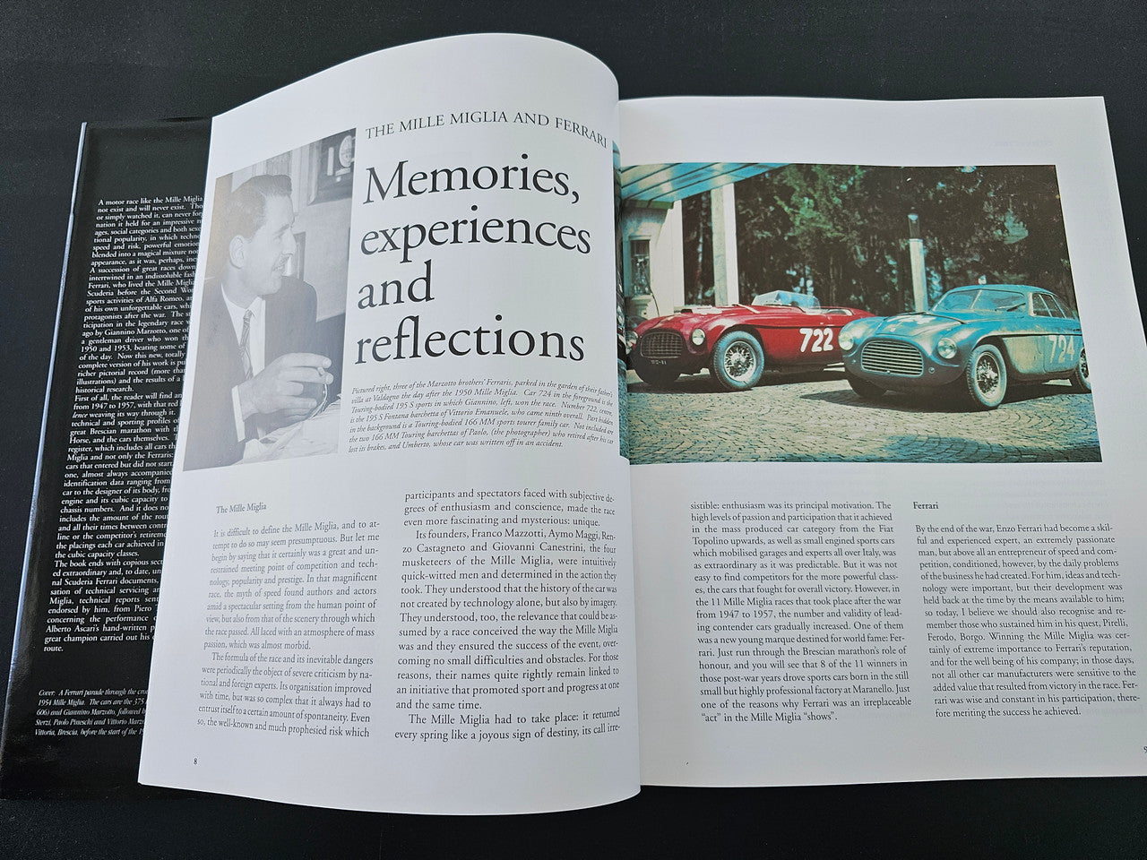 Open book titled 'Memories experiences and reflections' with color race car photo