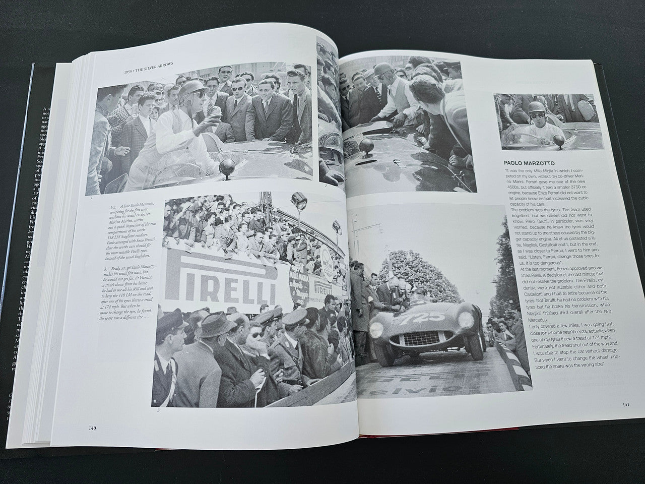 Open book spread with multiple black-and-white race photos and small side images