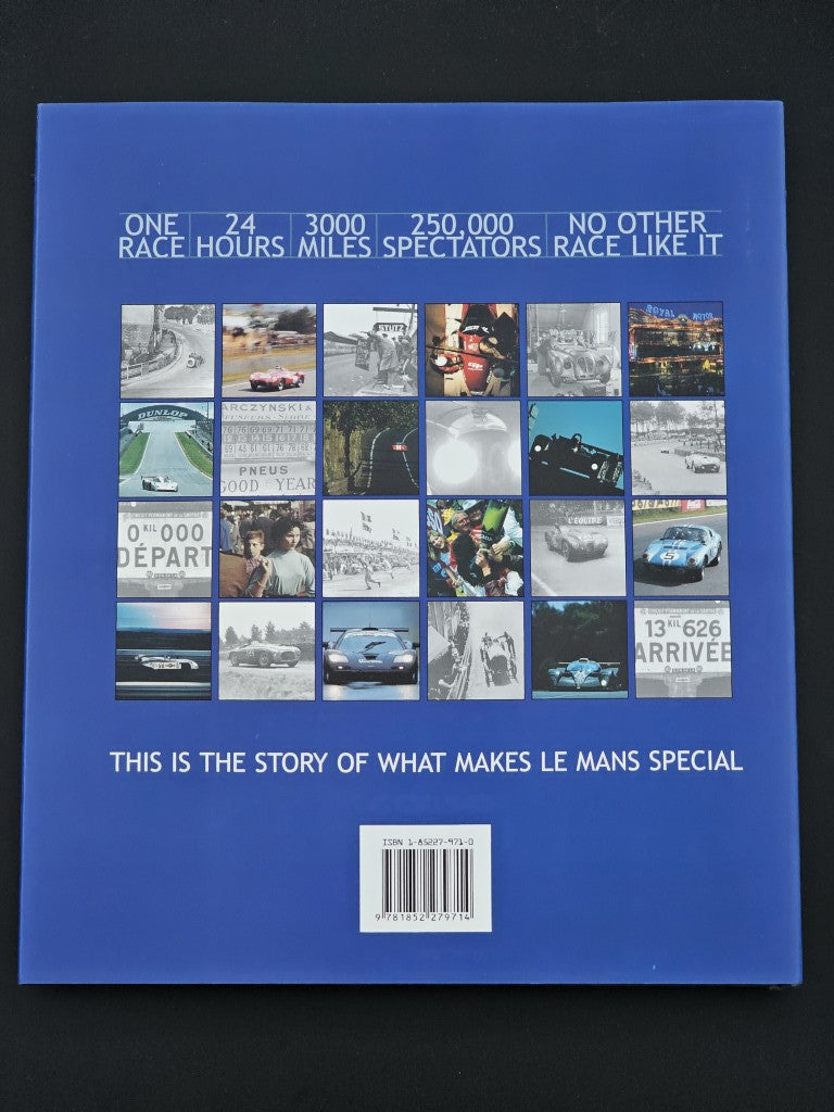 Le Mans 24 Hours book with blue back cover collage and slogan text