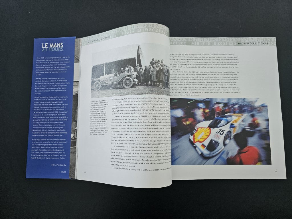 Open book spread with vintage car photo on the left and colorful race image on the right