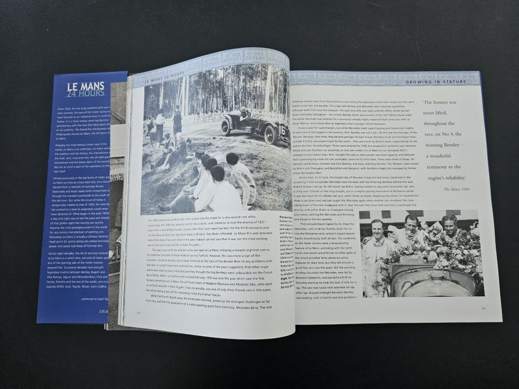 Open book spread with black-and-white race scene photos and small inset images
