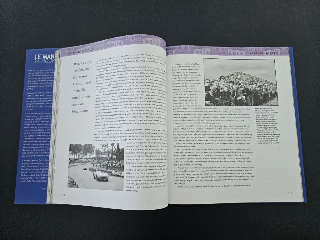 Open book pages with paragraphs and small black-and-white vehicle photos