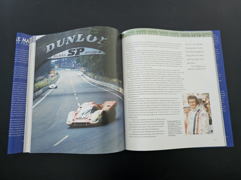 Open book with race track photo on left page and portrait caption text on right