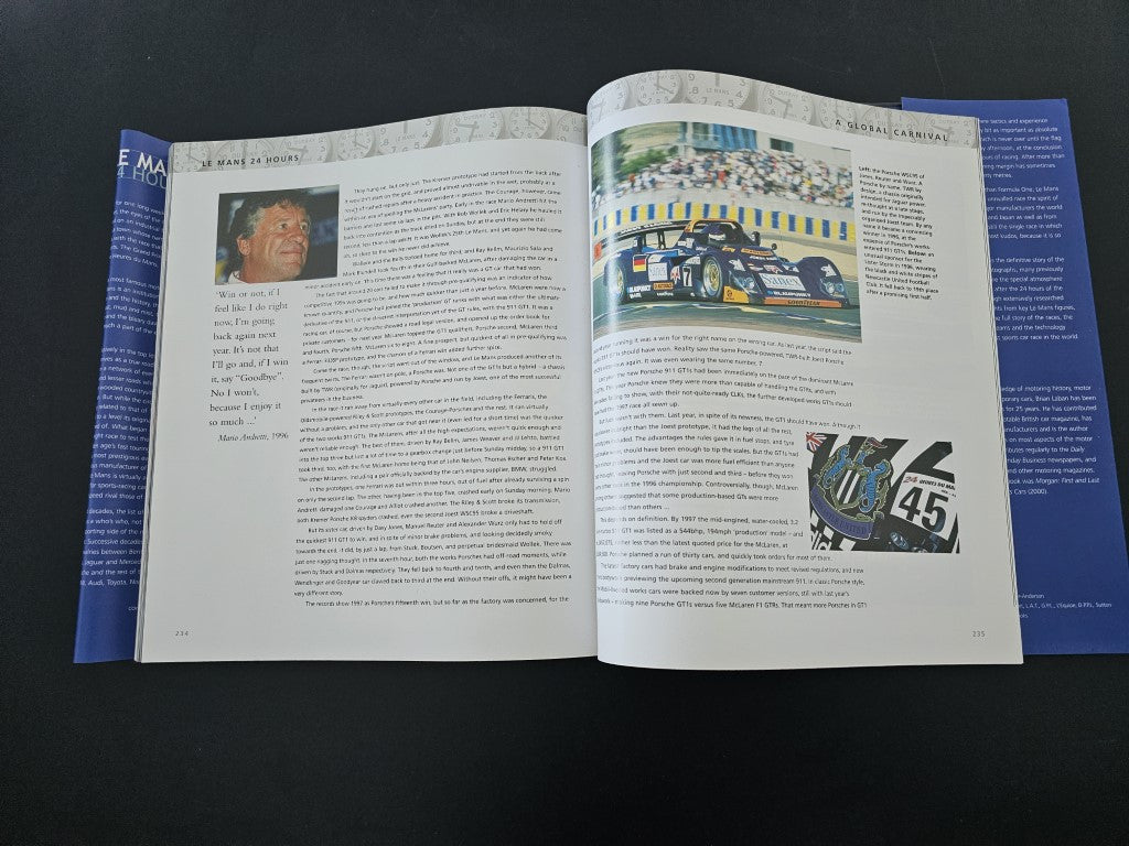 Open book with text and a colorful motorsport photo spread on the right page
