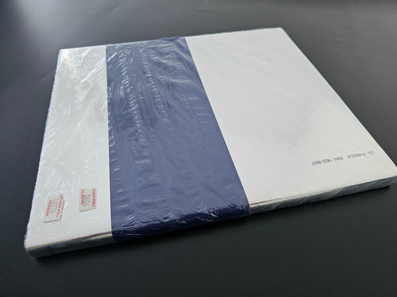 Magazine with blue stripe and white back cover, lying flat