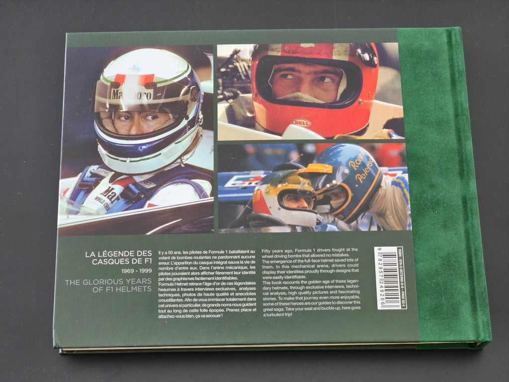 Green helmet-themed book back cover with two helmet photos and a block of text.