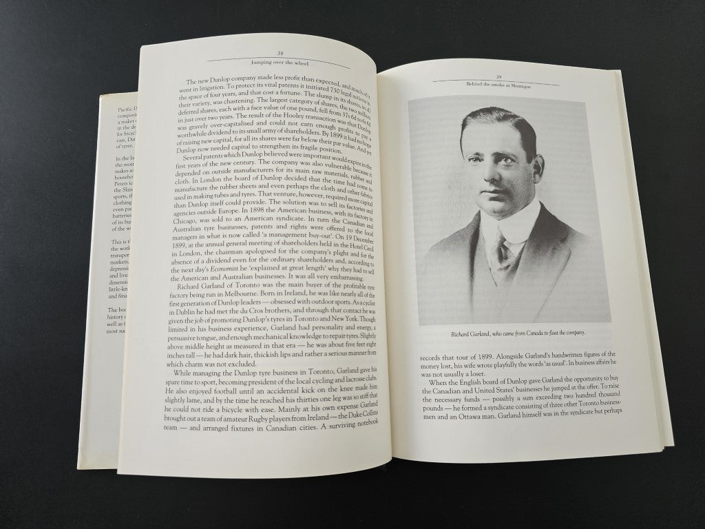 Book open spread with a portrait illustration on the right and text on the left