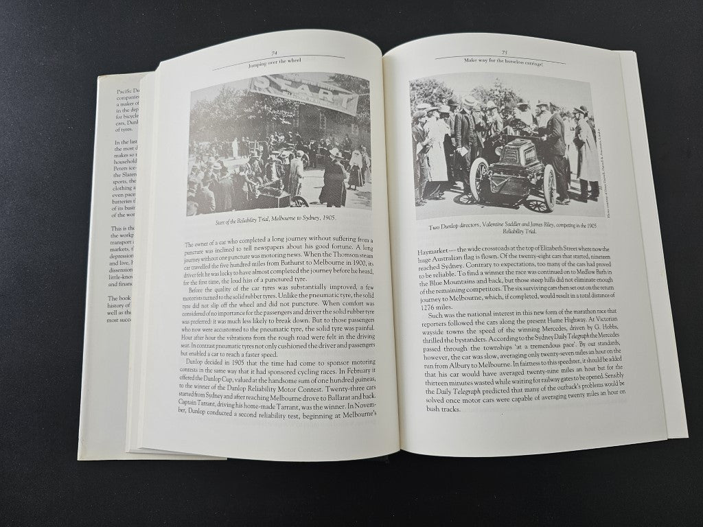 Book open spread with two black-and-white photos and paragraphs beside each image