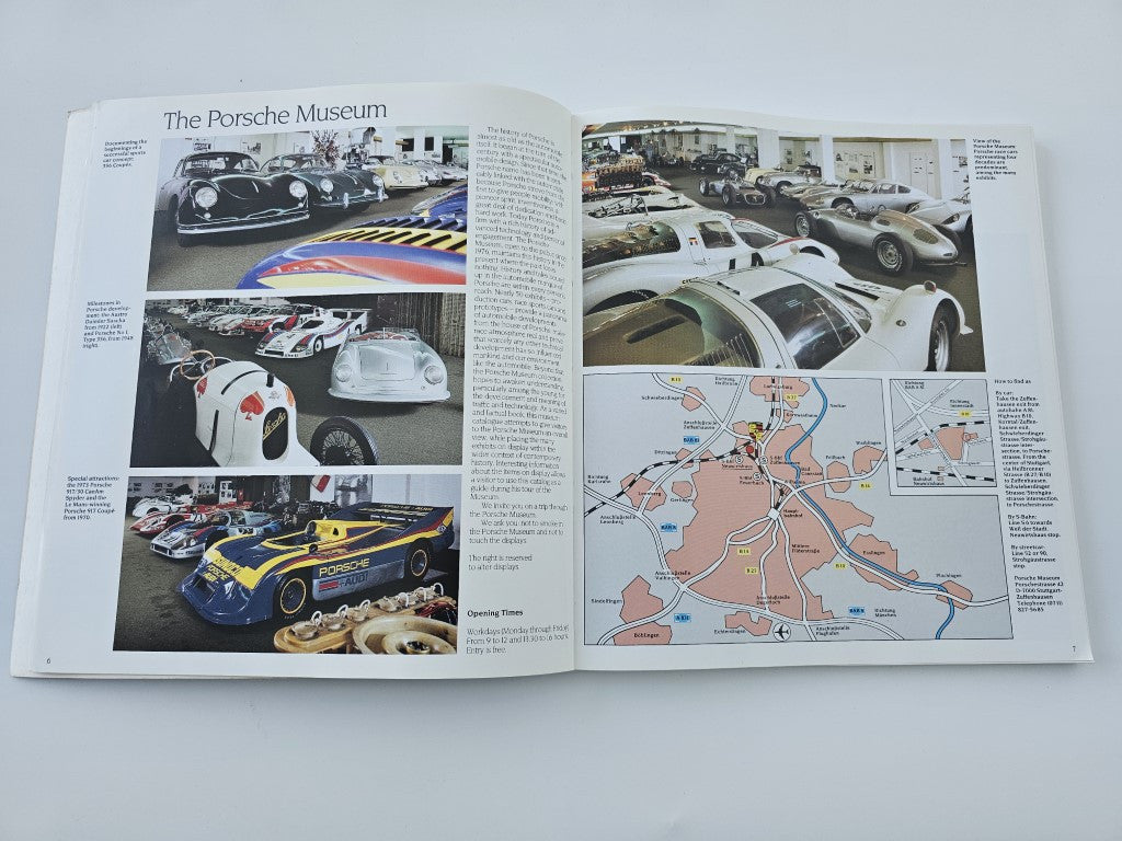 Open book spread with color car photos, diagram panels, and a printed map.