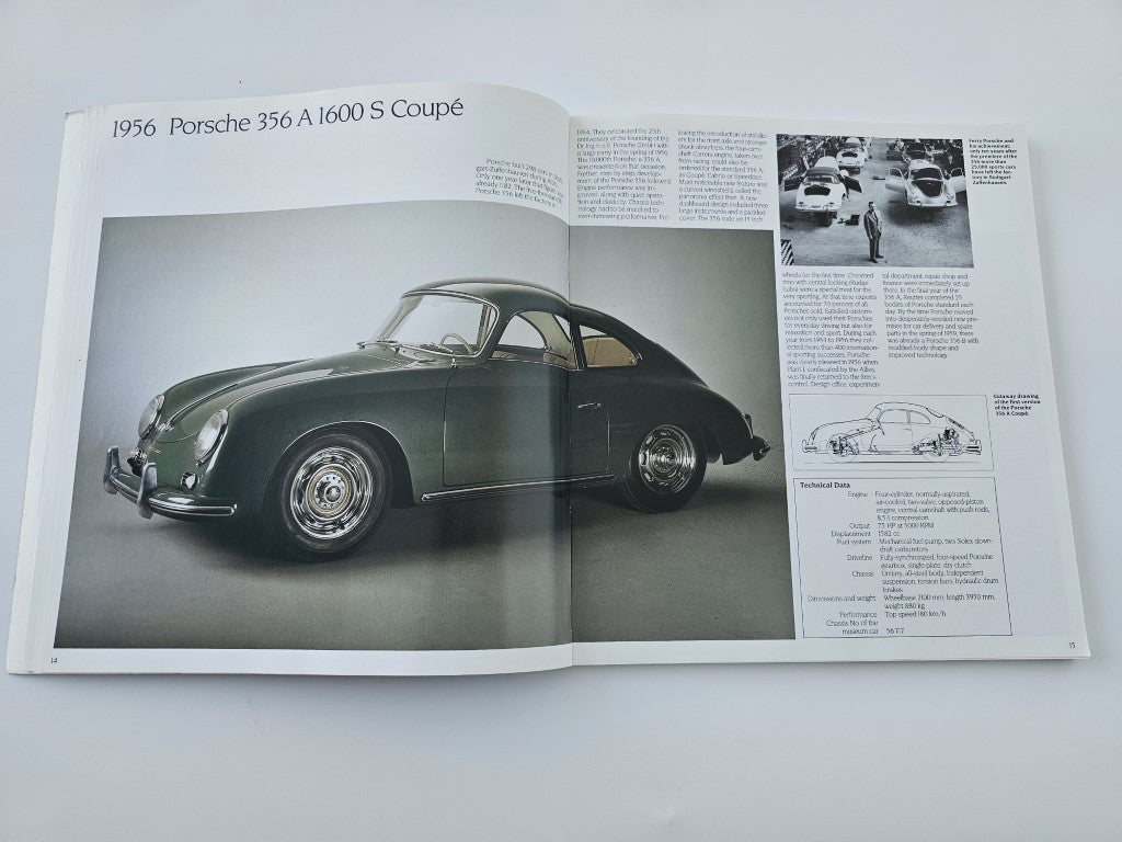 Open book showing a green 2-door coupe photo with vehicle details in surrounding text.