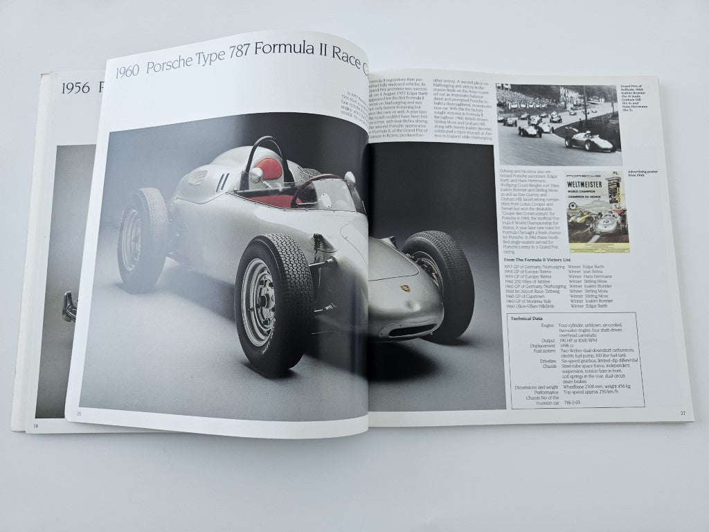 Open book spread with a white formula-style race car photo and accompanying text pages.